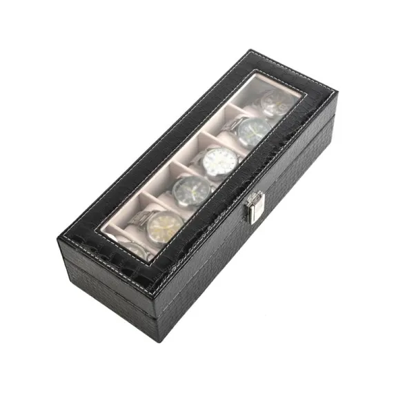 Luxury 6-Slot Watch Organizer Box – PU Leather Display Case with Glass Top & Soft Cushions