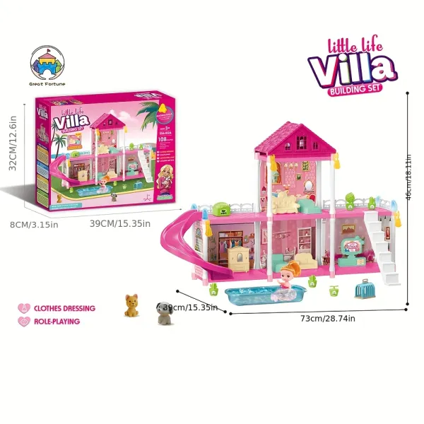 Little Fun Villa Building Set 556-102A – 106 PCS DIY Dollhouse Playset with Pool & Slide (Ages 3+)