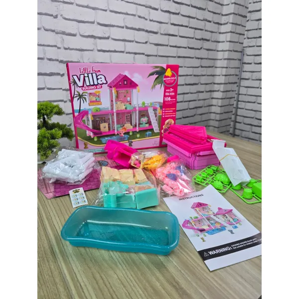 Little Fun Villa Building Set 556-102A – 106 PCS DIY Dollhouse Playset with Pool & Slide (Ages 3+)