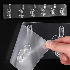 Heavy Duty Self-Adhesive Transparent Wall Hooks – 6 Hook Strip Organizer for Bathroom, Kitchen & Home