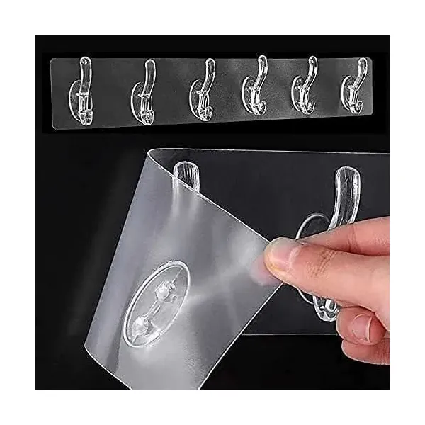 Heavy Duty Self-Adhesive Transparent Wall Hooks – 6 Hook Strip Organizer for Bathroom, Kitchen & Home