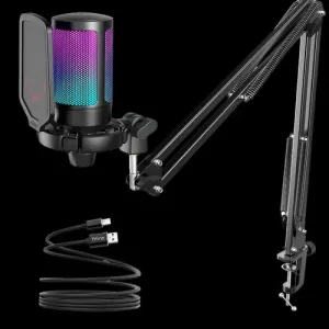 FIFINE AmpliGame A6T USB Gaming Microphone Kit – RGB Condenser Mic with Boom Arm, Shock Mount & Pop Filter for PC/PS5