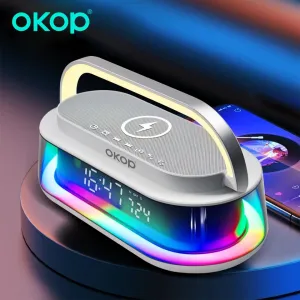 OKOP 4-in-1 Bluetooth Speaker with 15W Wireless Charging Pad & Smart RGB Alarm Clock – 10W Stereo Sound, Bluetooth 5.3 & LED Digital Display