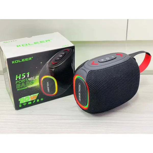 KOLEER H51 Portable Bass Wireless Speaker – 10W High-Fidelity Stereo Sound, Dynamic RGB Lighting, Bluetooth 5.4, FM Radio, TWS, USB & TF Card Support