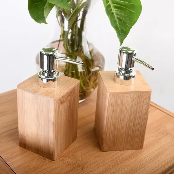 Eco-Friendly Bamboo Soap Dispenser-2- – 230ml Refillable Liquid Hand Soap Pump for Kitchen & Bathroom – Modern Natural Wood & Matte Black Lotion Bottle – Rust-Proof Pump – Minimalist Sink Organizer