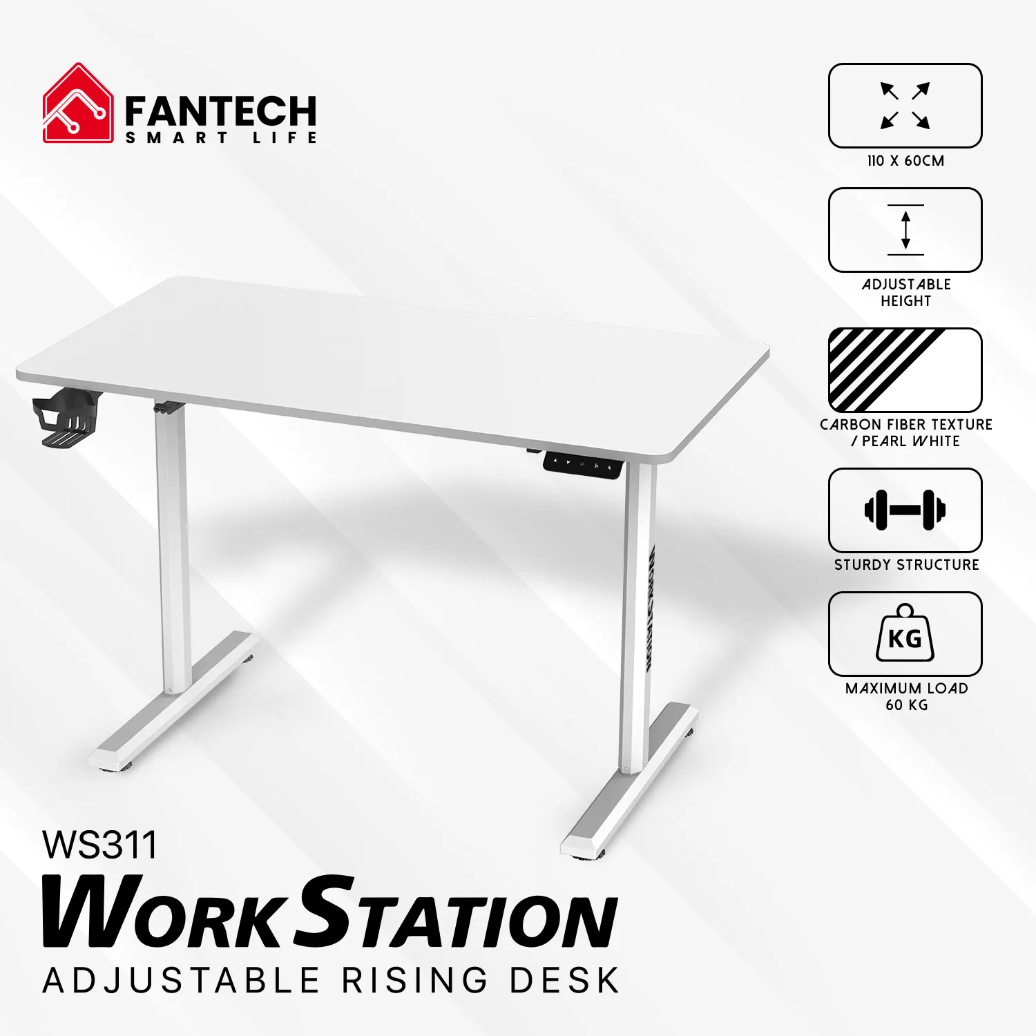 Fantech WS311 WorkStation Adjustable Rising Desk Compact Electric Desk with Carbon Fiber Texture white