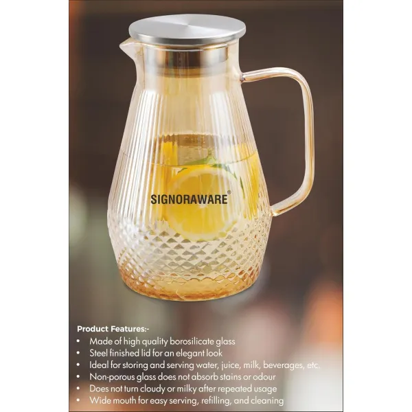 Signoraware Elegance Glass Jug 1600ml with Steel Lid