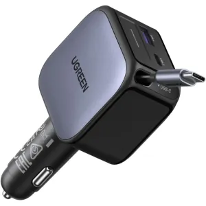 UGREEN 60W 2C1A Car Charger with Retractable Cable | 3‑Port Fast Charging | 70cm Built‑in USB‑C