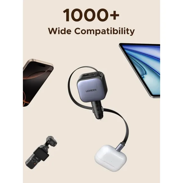 UGREEN 60W 2C1A Car Charger with Retractable Cable | 3‑Port Fast Charging | 70cm Built‑in USB‑C