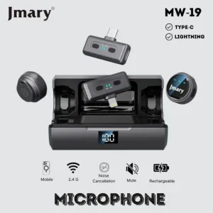JMARY MW-19 Dual Wireless Lavalier Microphone for iPhone & Android (Type-C & Lightning) with Noise Cancellation & Charging Case