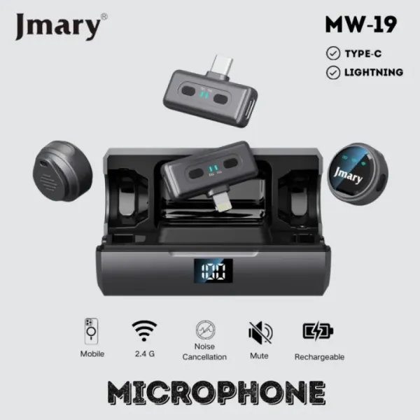 JMARY MW-19 Dual Wireless Lavalier Microphone for iPhone & Android (Type-C & Lightning) with Noise Cancellation & Charging Case