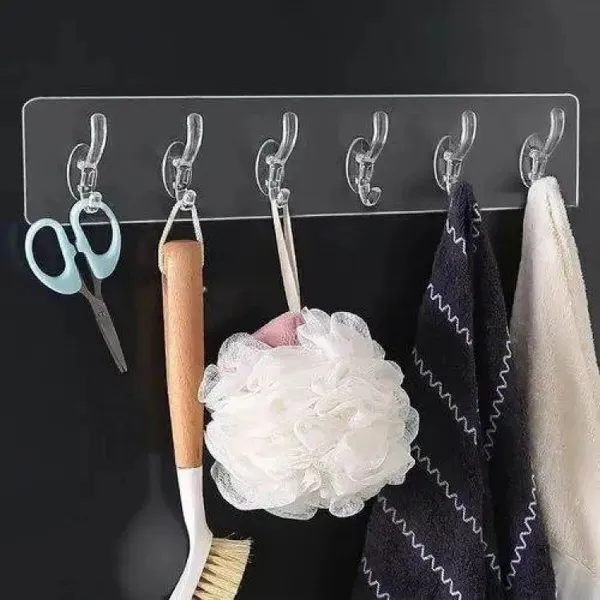 Self Adshive Transparent 6 Hook Wall Hanger Orgenaizer For Kitchen ,Bathroom - Wall Mounted Hangers