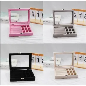 Velvet Jewelry Organizer Box with Clear Lid & Lock – Ring Holder & 9-Grid Storage Case
