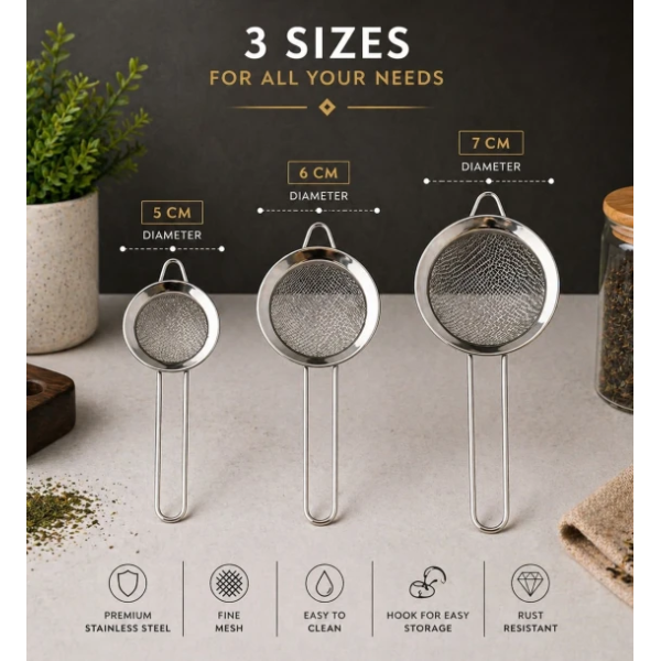Tea Strainer – Just Kitchen Fine Mesh Sieve Strainer Stainless Steel Mesh Strainer with Handle for Strain Drain and Rinse