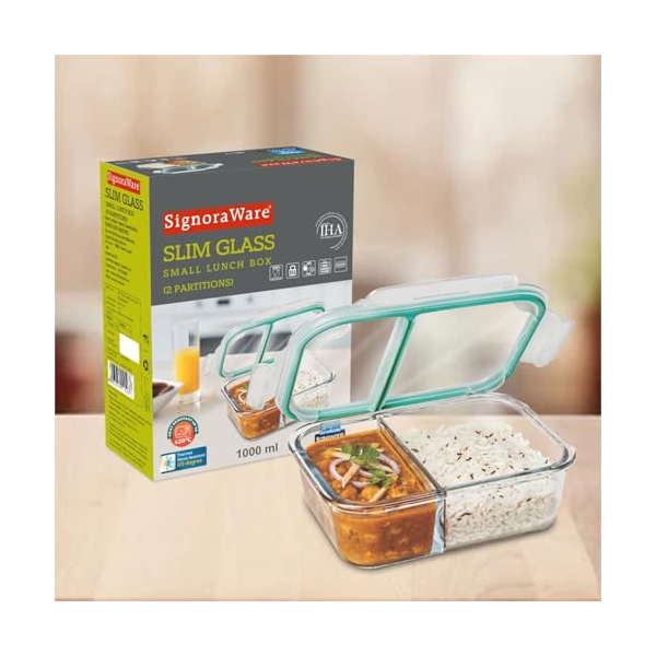 SignoraWare Slim Glass Small Lunch Box –  two-compartment borosilicate glass container with bag