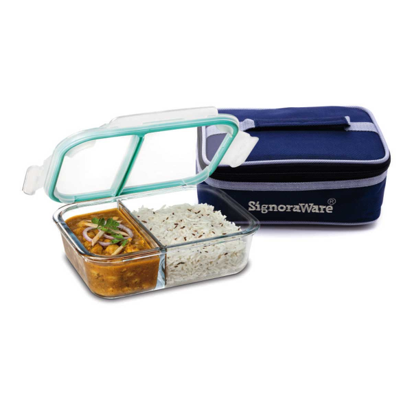 SignoraWare Slim Glass Small Lunch Box –  two-compartment borosilicate glass container with bag