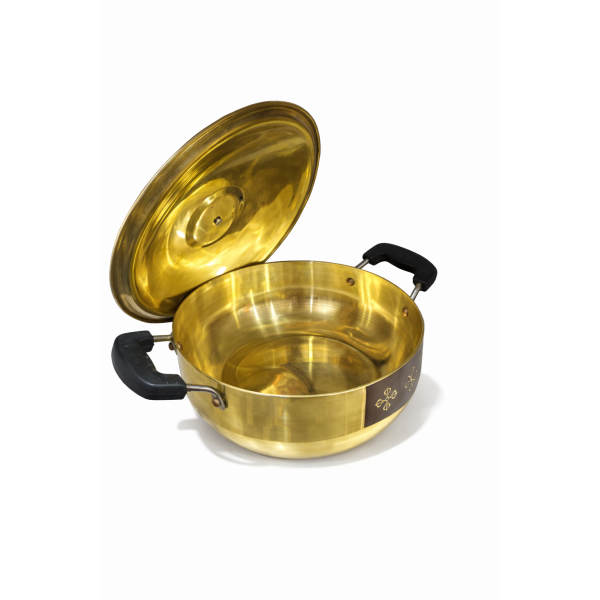 Brass Kadai Cooking Pot – brass kadhai with  rubber handles and a matching lid