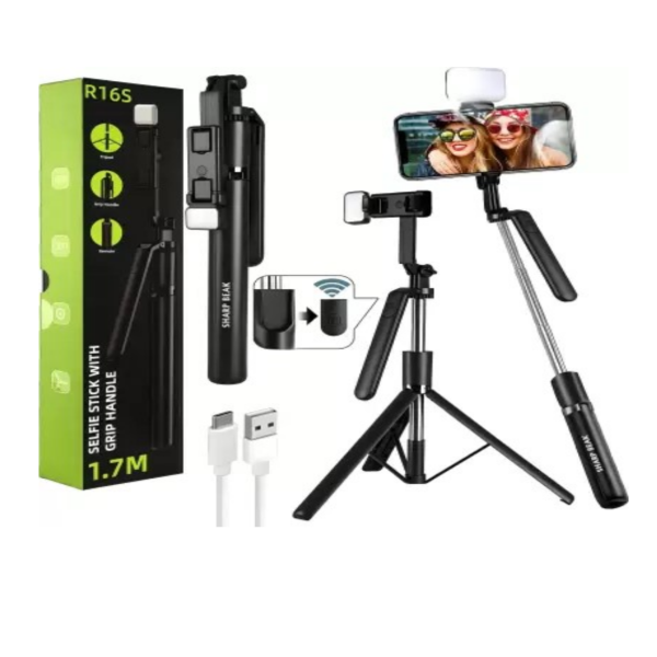 R16S Selfie Stick with Grip Handle & Tripod – 1.7M