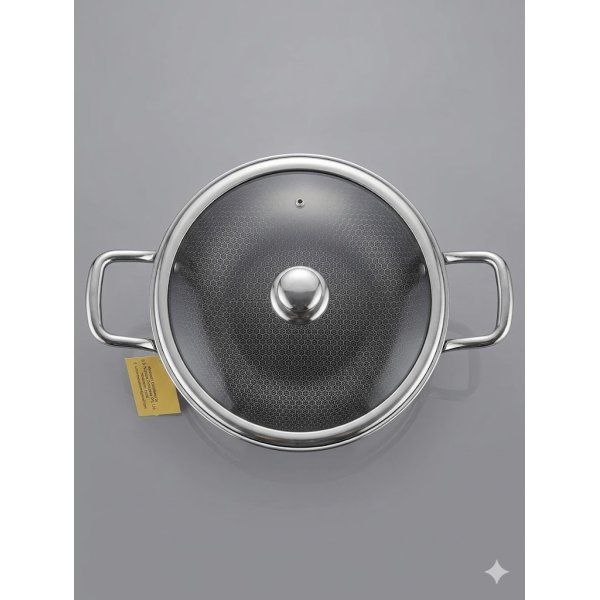 Rigan  Tri‑Ply Honeycomb Kadhai with Glass Lid – Induction Compatible Cookware