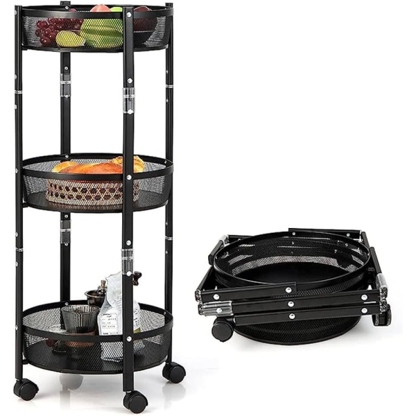 3‑Tier Round kitchen Metal Folding Rolling Cart