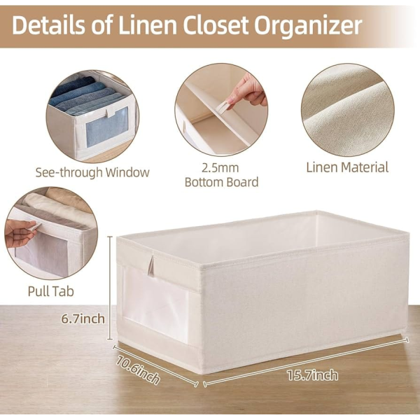 Set of 4 Foldable Linen Closet Storage Organizer Boxes with Clear Window & Pull Tab | Clothes, Blankets, Towels & Wardrobe Storage