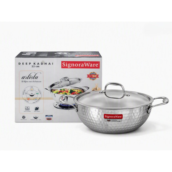 Stainless Steel Deep Kadhai with Lid 22cm with 5 years warranty 
