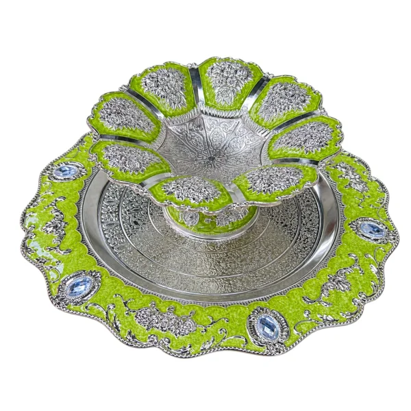 Traditional Gold-Coated Lime Green Tika Thali Set for Dashain & Tihar - Puja Plate