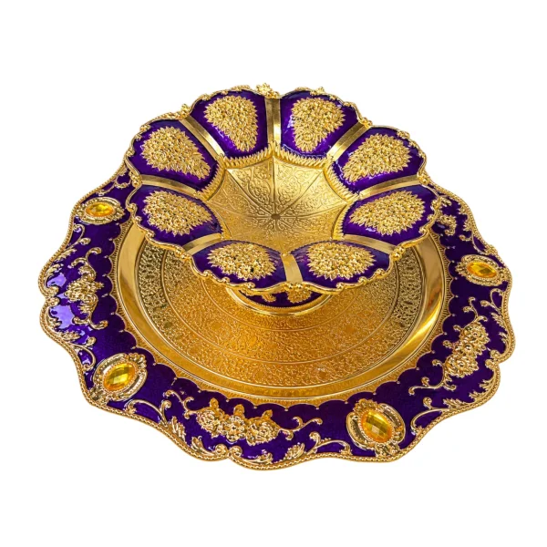 Traditional Gold-Coated Purple Tika Thali Set for Dashain & Tihar - Puja Plate