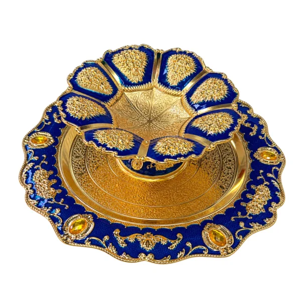 Traditional Gold-Coated Dark Blue Tika Thali Set for Dashain & Tihar - Puja Plate